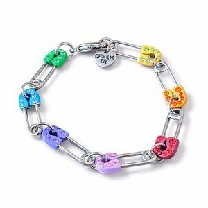 Y2k Vintage Charm It Safety Pin Chain Bracelet 6.5" Colorful Rhinestone Kidcore
